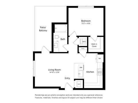 Floor plan for 1 bed, 1 bath, 678 sqft